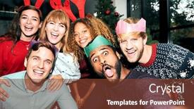  Presentation with christmas party - Presentation featuring retro style shot of group of friends enjoying christmas party at home together taking selfie background and a tawny brown colored foreground