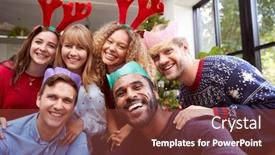  Presentation with christmas party - Presentation design enhanced with retro style shot of group of friends enjoying christmas party at home together taking selfie background and a tawny brown colored foreground