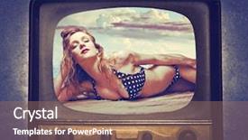  Presentation with television - Amazing PPT theme having television vintage - beautiful young woman in bikini backdrop and a coral colored foreground
