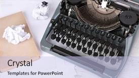  Presentation with retro - Amazing slide deck having retro typewriter on wooden background backdrop and a light blue colored foreground