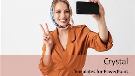  Presentation with silk - Presentation theme consisting of image of a beautiful happy young woman wearing silk scarf isolated over white background take a selfie by mobile phone background and a red colored foreground
