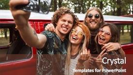  Presentation with vintage women - Slides with minivans - image of four hipsters men background and a tawny brown colored foreground