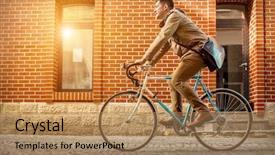  Presentation with bike - Audience pleasing slide deck consisting of young stylish businessman go to work on his sport retro bike in sunny day backdrop and a coral colored foreground