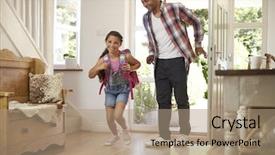  Presentation with home schooling - Slides having return - excited girl returning home background and a coral colored foreground