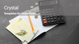  Presentation with pencil scantron - PPT theme featuring return investment - calculator notebook pencil and coins background and a gray colored foreground