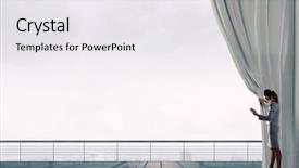  Presentation with behind curtain - Audience pleasing theme consisting of reveal - businesswoman pulling curtain and cityscape backdrop and a white colored foreground