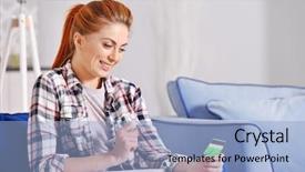  Presentation with taxes - PPT theme enhanced with revenue expense reports - beautiful young woman calculating taxes background and a light blue colored foreground