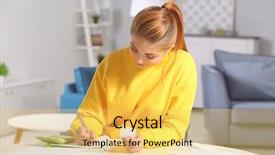  Presentation with taxes - Presentation theme with revenue expense reports - beautiful young woman calculating taxes background and a yellow colored foreground