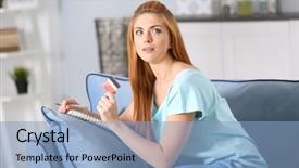  Presentation with taxes - Slide set with revenue expense reports - beautiful young woman calculating taxes background and a light blue colored foreground