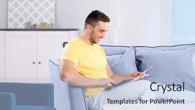  Presentation with taxes - Cool new slides with revenue expense reports - handsome young man calculating taxes backdrop and a  colored foreground