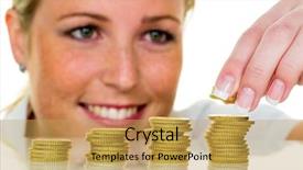  Presentation with save - Beautiful presentation featuring revenue expense reports - woman stacked coins save money backdrop and a yellow colored foreground