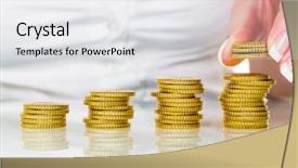  Presentation with save - Colorful presentation theme enhanced with revenue expense reports - woman stacks coins save money backdrop and a white colored foreground