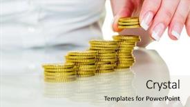  Presentation with stacks of rupee coins - PPT layouts consisting of revenue expense reports - woman stacks coins save money background and a soft green colored foreground