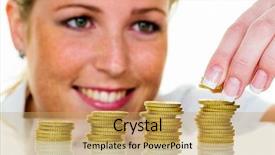  Presentation with stacks of rupee coins - PPT theme consisting of revenue expense reports - woman stacks coins save money background and a yellow colored foreground