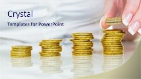  Presentation with stacks of rupee coins - Presentation featuring small tree on wavy rolling textured rural fields background in moravia at springtime czech republic suitable for abstract background or pattern bright vibrant multicolored outdoors horizontal image background and a lemonade colored foreground.