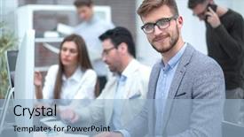  Presentation with revenue - Colorful theme enhanced with revenue management - businessman sitting at his desk backdrop and a light blue colored foreground