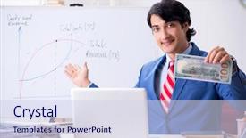  Presentation with spreadsheet data and business charts - Cool new PPT theme with revenue projections - busy businessman explaining business charts backdrop and a sky blue colored foreground