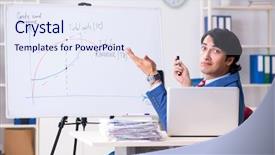  Presentation with spreadsheet data and business charts - Slide deck having revenue projections - busy businessman explaining business charts background and a sky blue colored foreground