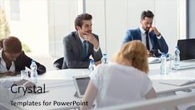  Presentation with office workers - PPT theme featuring review speech - company workers on meeting break background and a light gray colored foreground