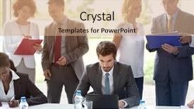  Presentation with business review - Beautiful PPT layouts featuring review speech - young colleagues at office study backdrop and a coral colored foreground
