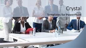  Presentation with business review - Slide deck enhanced with review speech - young multiethnic business team posing background and a light blue colored foreground