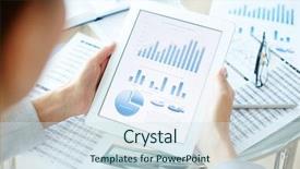  Presentation with data - Beautiful theme featuring reviewing document - businesswoman studying data in touchpad backdrop and a  colored foreground
