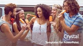  Presentation with friends - Beautiful PPT theme featuring revival - hipster friends enjoying ice lollies backdrop and a violet colored foreground