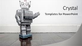  Presentation with robot - Beautiful slides featuring revival - retro silver robot waving hi backdrop and a white colored foreground