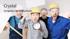  Presentation with virile young men - Audience pleasing PPT theme consisting of revolt - group of protesting young men backdrop and a white colored foreground