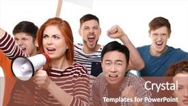  Presentation with group - Beautiful presentation theme featuring revolt - group of protesting young people backdrop and a red colored foreground