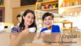  Presentation with friends - PPT layouts enhanced with revue de direction - asian female friends enjoying her background and a coral colored foreground