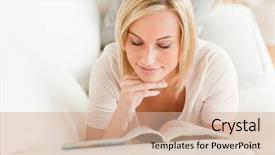  Presentation with living room - Presentation theme with revue de direction - charming woman reading a magazine background and a coral colored foreground