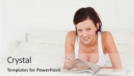  Presentation with reading labels - Presentation with revue de direction - gorgeous woman reading a magazine background and a  colored foreground