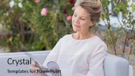  Presentation with reading and math - Audience pleasing PPT theme consisting of revue de direction - senior woman reading a magazine backdrop and a lemonade colored foreground