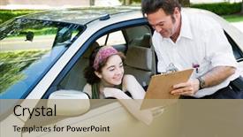  Presentation with teen driving - Slide set consisting of revue de direction - teen girl reviews her score background and a coral colored foreground