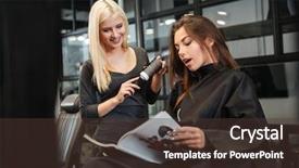  Presentation with hairdressing salon - PPT theme consisting of revue de direction - young beautiful woman discussing hairstyling background and a tawny brown colored foreground