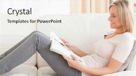  Presentation with community living - Presentation theme having revue de direction - young woman reading a magazine background and a sky blue colored foreground