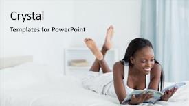  Presentation with reading labels - Slides enhanced with revue de direction - young woman reading a magazine background and a white colored foreground