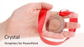  Presentation with medal - Beautiful slide deck featuring rewards recognition - bronze medal in hand isolated backdrop and a lemonade colored foreground