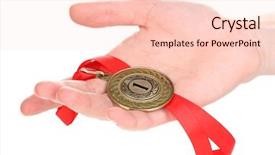  Presentation with gold medal - Beautiful presentation theme featuring rewards recognition - gold medal in hand isolated backdrop and a lemonade colored foreground