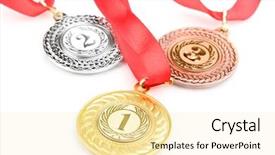  Presentation with recognition - Presentation theme consisting of rewards recognition - three medals isolated on white background and a blonde colored foreground