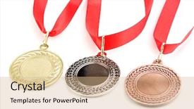  Presentation with recognition - Presentation theme enhanced with rewards recognition - three medals isolated on white background and a coral colored foreground