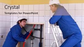  Presentation with apprentice - Presentation theme having apprentice passing red cable up behind a tiled wall background and a yellow colored foreground