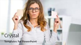  Presentation with middle ages - Slide deck with rework - beautiful middle-aged businesswoman in glasses background and a light gray colored foreground