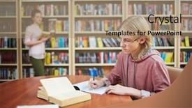  Presentation with library - Colorful slide deck enhanced with rewrite - doing assignment in library backdrop and a coral colored foreground