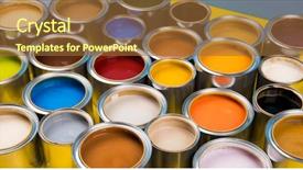  Presentation with paint - Presentation having descriptive - open cans of paint blue background and a  colored foreground