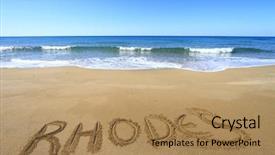  Presentation with beach - Slide set having rhodes written on sandy beach background and a coral colored foreground