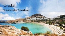  Presentation with island - Slide deck having rhodos - lindos bay rhodes island greece background and a  colored foreground