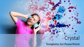  Presentation with colorful music - Audience pleasing slide set consisting of rhythm bluse - young woman listening to music backdrop and a light blue colored foreground
