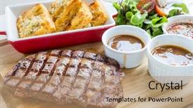  Presentation with wagyu - Slide set with rib-eye beef steak serve background and a coral colored foreground